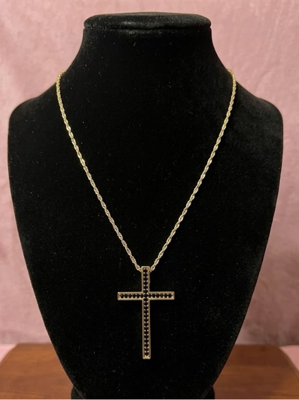 New 14k Gold Filled Cross Pendant Necklace with Black CZ  Accents